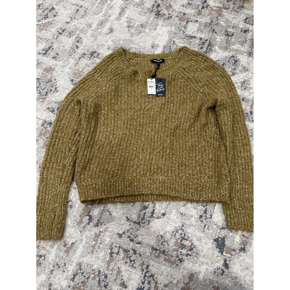 Express Two-in-One Sweater Snood‎ Pullover Mustard Olive Green Marled Knit S NWT